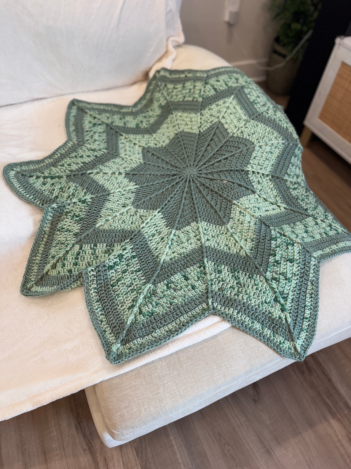 Sage green star stitch heirloom crochet blanket, handmade by The Crochet Corral in Florida