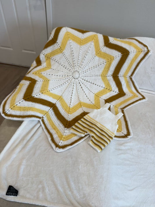 Golden star crochet baby keepsake set with star blanket and romper, handmade by The Crochet Corral